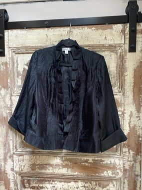 Vintage Black Ruffle-Trim Shimmer Dress Jacket 3/4 Bell Sleeves, Size XL